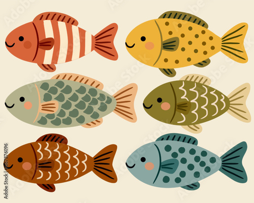 Decorative Fish Collection in Cute Flat Style for Kids Design