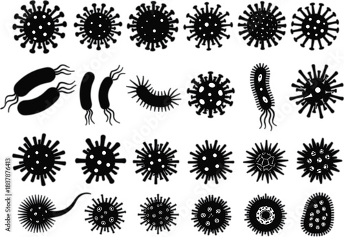 Set of black virus and bacteria silhouettes collection with different germ shapes, microbiology pathogen icons isolated on white vector illustration
