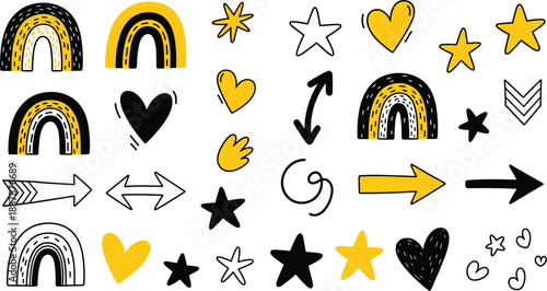 Yellow black and white doodle of arrows hearts stars and rainbows