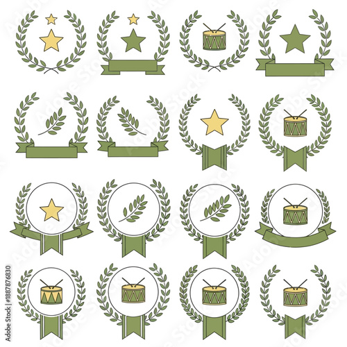 Laurel wreath icons with stars, banners and drums for awards and achievements