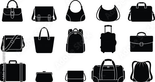 Black silhouette set of various fashion handbags, travel luggage, backpacks, and professional briefcases isolated on white background for retail design (20 words)