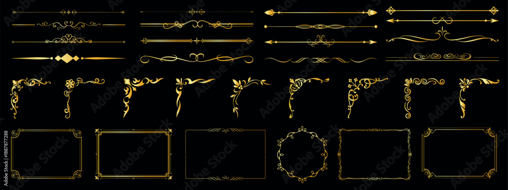 Φωτογραφία Set of decorative vintage gold frames, ornate floral borders, corner elements an