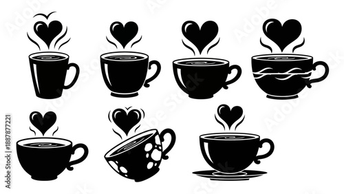 Coffee cups with heart steam illustrations, symbolizing love for hot beverages like coffee and tea, perfect for cafe promotions