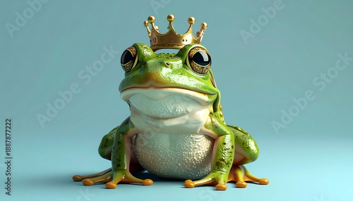 Green frog wearing golden crown royalty.