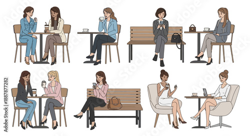 Women Sitting Alone at Tables and Benches.