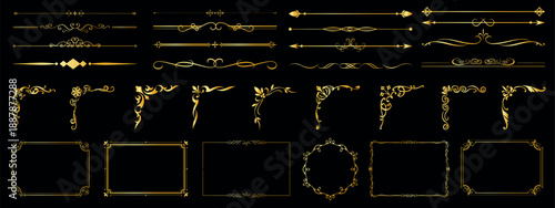 Set of decorative vintage gold frames, ornate floral borders, corner elements and scroll dividers in elegant Thai style