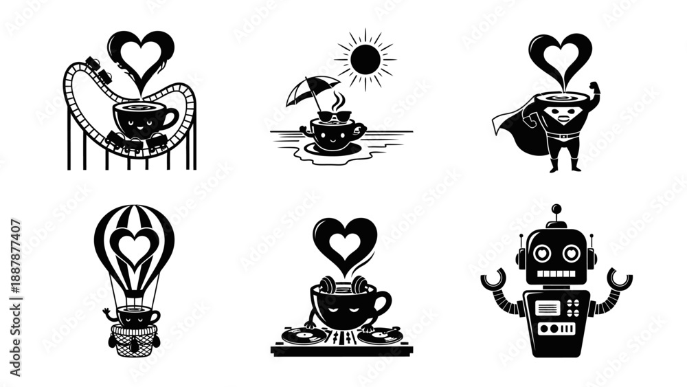 Fototapeta premium Coffee cup character illustrations collection with themed concepts like roller coaster beach vacation superhero persona hot air balloon and dj mixing