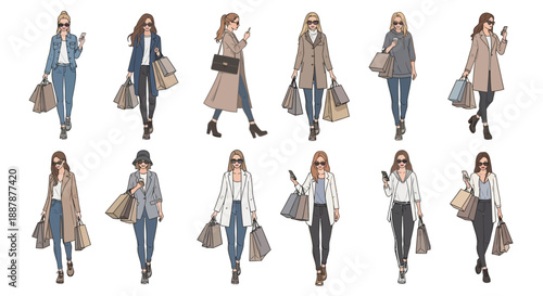 Young Women Walking with Shopping Bags.