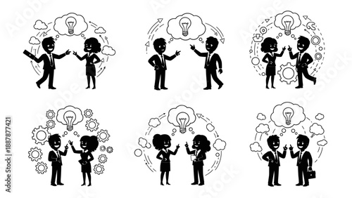 Business people sharing ideas with lightbulb cloud symbol and gear icons set professional colleagues collaboration brainstorming concept collection