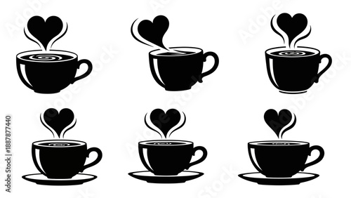 Coffee cup with heart steam icon collection silhouette coffee mug series for cafe branding love theme drink concept isolated on white background