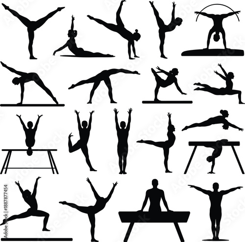 Gymnastics Silhouette Vector Illustration Featuring Female and Male Gymnasts Performing Artistic Acrobatics Poses on Equipment Isolated on White Background Graphic Art