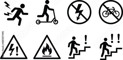 Set of safety warning icons showing electric hazard, fire risk, prohibited bicycle and scooter, emergency evacuation, danger signs, and accident prevention symbols isolated on white background