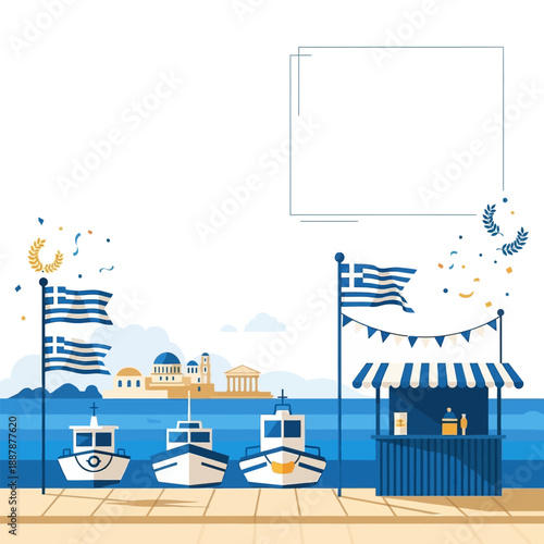 Greek port with boats, flags, marketplace, and ancient buildings