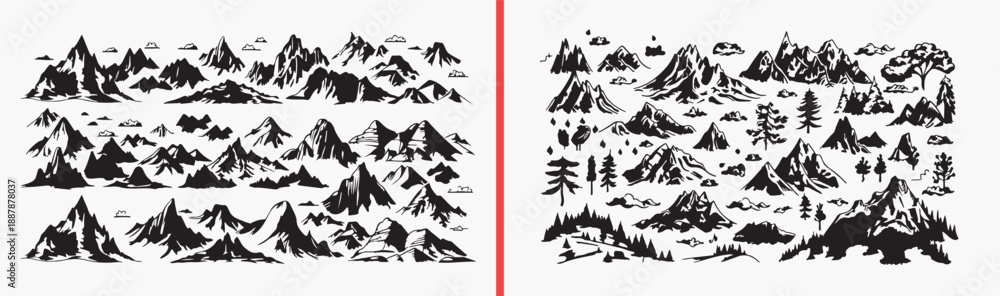 Fototapeta premium mountain illustration sketches, hand drawn mountain art, black and white landscape drawing, alpine mountain peaks, nature mountain icons, outdoor adventure illustration, mountain collection set