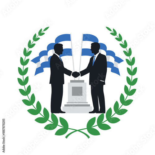 Two men shaking hands with flags and laurel wreath symbolizing diplomacy