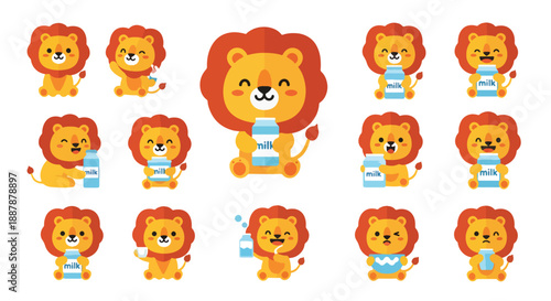 Set of Cute Cartoon Lion Drink Milk