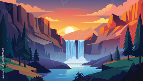 A serene landscape of a waterfall in a mountain valley at sunset