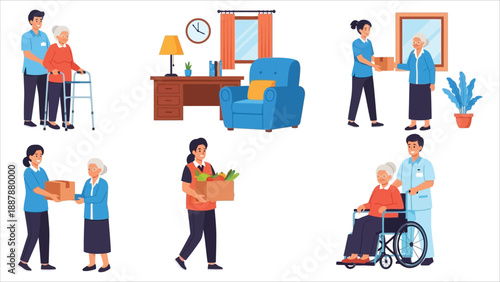 A collection of flat vector illustrations depicting elderly care and assisted living scenarios on a white background..eps