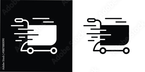This silhouette icon illustrates a shopping cart in motion, enhanced with dynamic speed lines to clearly represent fast shopping, instant checkout, or flash sale activity