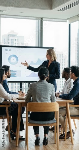 Business presentation in modern office setting with diverse team