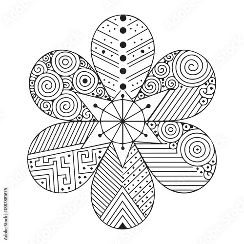 Black and White Floral Pattern with Geometric Designs and Ornate Details