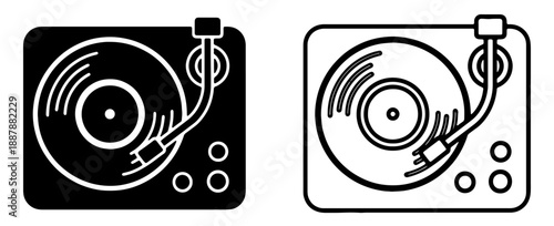 Pair of DJ turntable icons, one solid and one outline, evoking music, sound, and performance