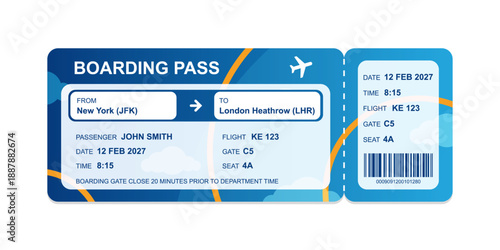 Realistic illustration of airplane ticket boarding pass with passenger name and destination. Concept of travel, journey or business trip.