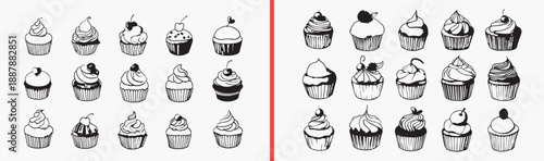 cute food doodle icons, cartoon dessert illustrations, kawaii food characters, hand drawn food art, black and white food doodles, sweet snack illustrations, food icon collection

