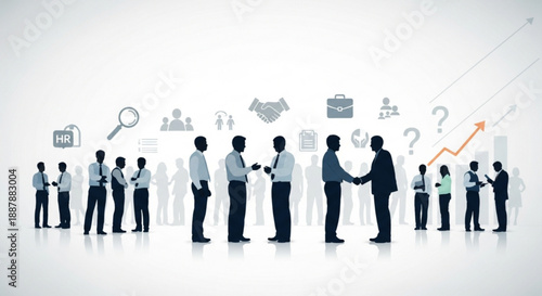 Business people interacting with various office and data analysis icons floating above them on a with a subtle gradient