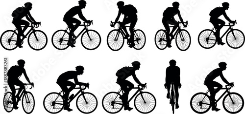 Collection of black cyclist silhouettes riding road bikes with helmets and backpacks for sports fitness and outdoor transportation