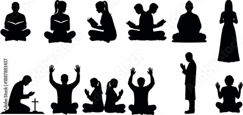 Collection of black silhouettes featuring people reading books praying and meditating for spiritual wellness mindfulness and religious study concepts