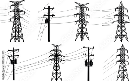 Collection of black silhouettes of high voltage electric transmission towers and power lines for energy infrastructure and utility projects