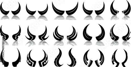 Collection of black horn silhouettes featuring various animal bull devil and fantasy antler shapes for graphic design projects