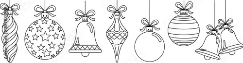 Collection of Christmas bauble line art ornaments with stars bells and stripes for festive holiday decoration and winter celebration