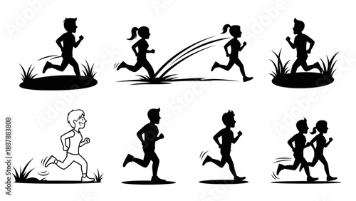 Illustration showing multiple runners in action with grass and motion lines representing active lifestyle sports competition and marathon event group