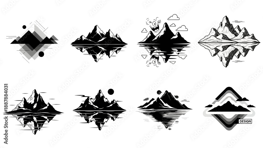 Fototapeta premium Assortment of artistic mountain range silhouettes reflected in water featuring abstract and stylized landscape designs
