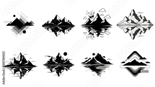 Assortment of artistic mountain range silhouettes reflected in water featuring abstract and stylized landscape designs