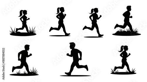 Fitness runner silhouette collection featuring male and female athletes jogging in nature with grass details and dynamic motion poses on background