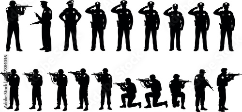 Collection of police officer and tactical soldier silhouettes saluting and holding rifles for law enforcement and military security