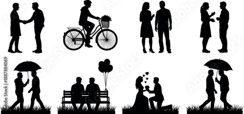 Collection of people silhouettes including couples shaking hands riding bicycle and romantic scenes for social interaction and lifestyle design