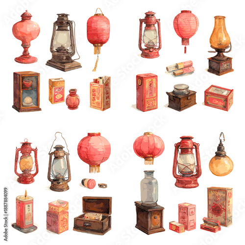 Vintage lantern collection illustration with oil lamps paper lanterns boxes and wooden bases in warm nostalgic watercolor style isolated on white background.
