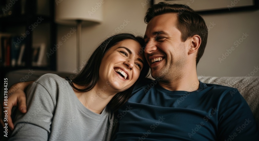 Fototapeta premium A happy couple laughing together on a cozy couch in a modern living room