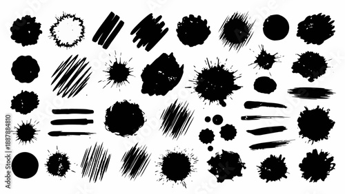 Collection of black ink splatters paint strokes and grunge distressed textures.eps