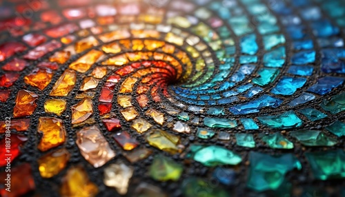 Wallpaper Mural Colorful spiral mosaic texture made of small glass pieces, transitioning from red, orange to blue, green, resembling kaleidoscope pattern. Abstract design offers vibrant visual appeal for various Torontodigital.ca