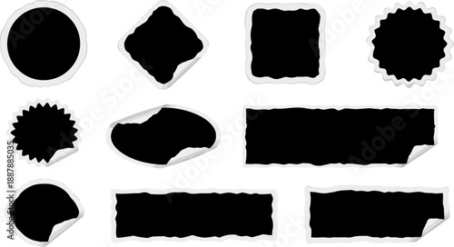 Distressed black paper and peeling sticker shapes vector set.eps