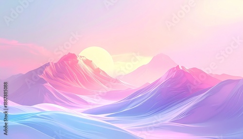 Sunrise Over Dreamscape Mountain: Captivating sunrise over pastel mountains bathed in ethereal light, creating a serene and otherworldly landscape.