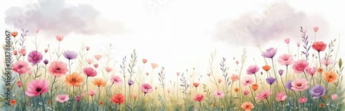 Field of blooming wildflowers with pastel clouds overhead. Soft focus art shows vibrant pink purple orange red poppies and green stems. Gentle natural backdrop for spring summer nature themes.
