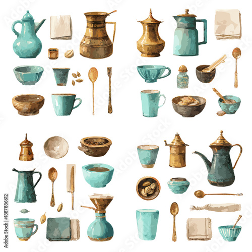 Rustic kitchenware illustration with cups jugs bowls spoons and metal utensils in turquoise and bronze tones watercolor style isolated on white background.