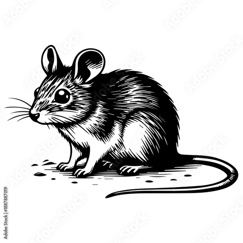 Black and white vintage engraved illustration of a mouse with a small golden neck patch, detailed line art animal clipart isolated on a white background.