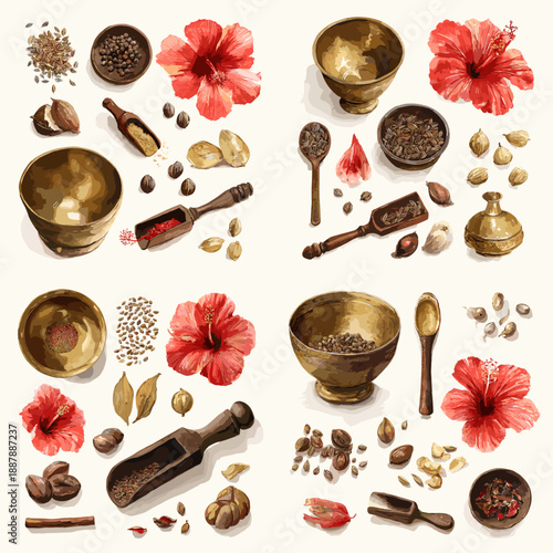 Golden spice and ritual object illustration with brass bowls spoons flowers seeds and ceremonial elements in rich exotic watercolor style isolated on white background.
